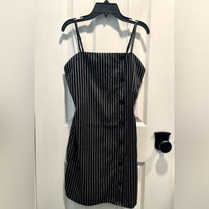 Cute Black Pinstripe Button-Front Spaghetti Strap Dress